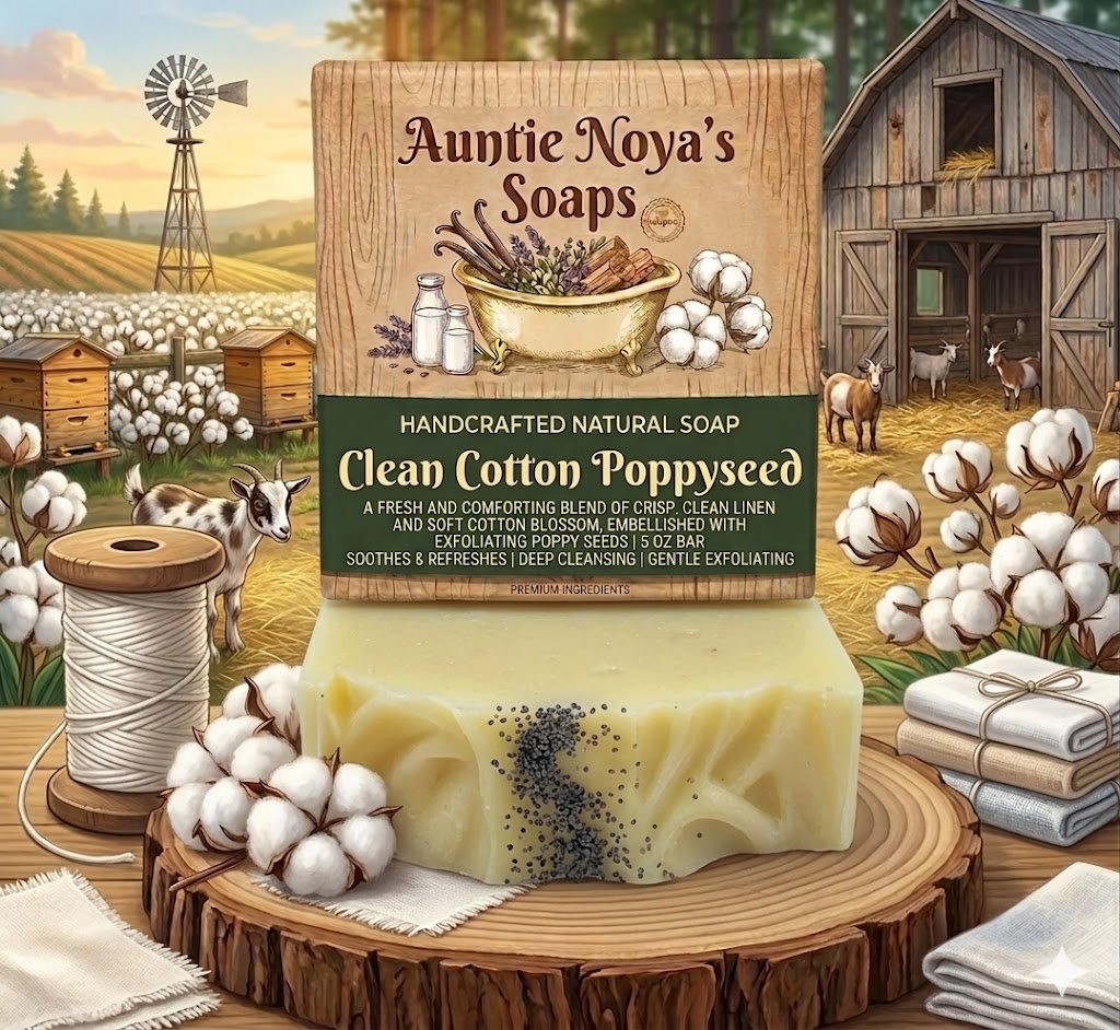 Clean Cotton Poppyseed soap AI product photo